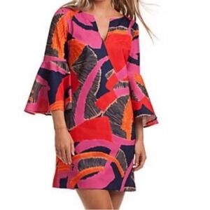 Trina Turk Vibrant Abstract Print Bell Sleeve‎ V Neck Mini Dress Women's